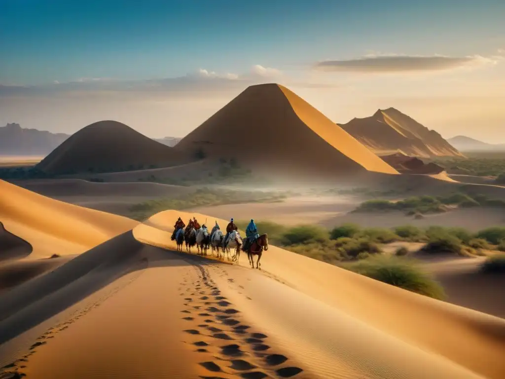 Un grupo de nómadas cruza un desierto en camellos, resaltando su vestimenta tradicional y el papel de los nómadas intermediarios