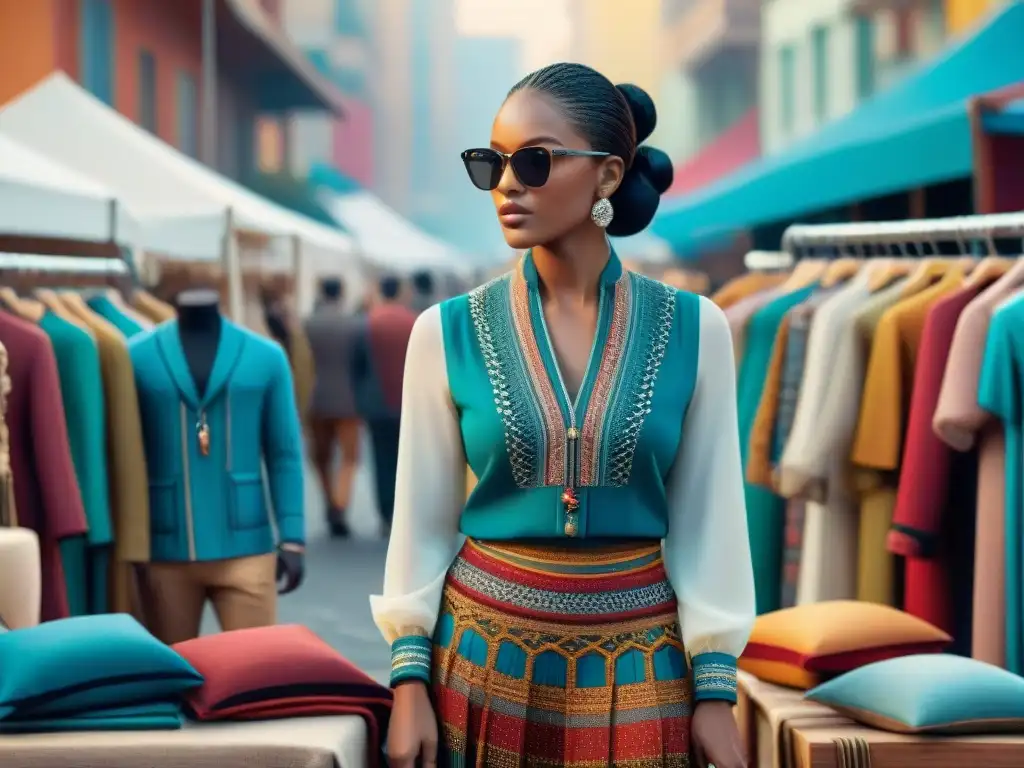 Diseñadores nómadas fusionan tradición y modernidad en vibrante ilustración Grupo de diseñadores de moda nómada contemporánea fusionando tradiciones en un vibrante mercado multicultural