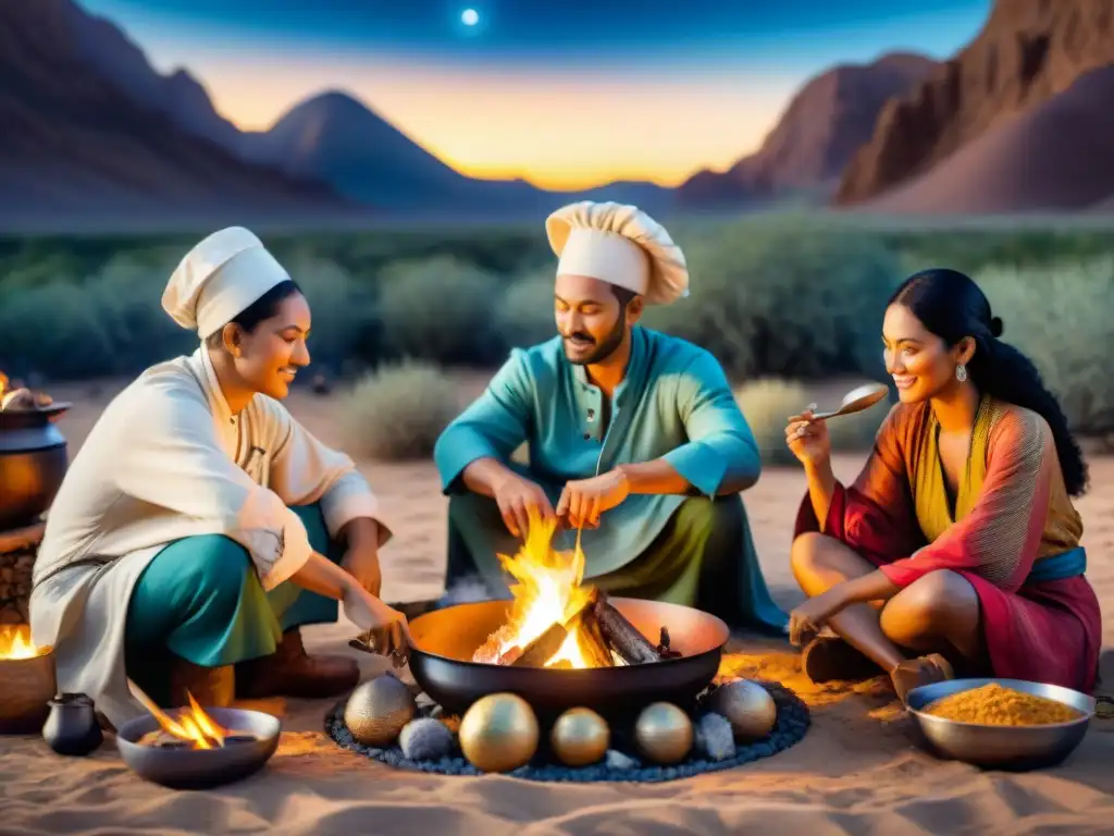 Un grupo diverso de chefs nómadas cocinando juntos alrededor de una hoguera en el desierto bajo un cielo estrellado