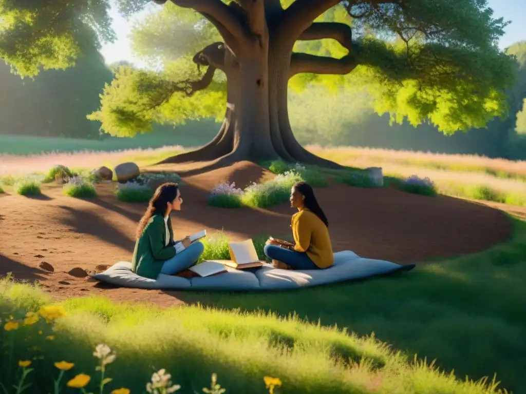 Un grupo diverso de estudiantes bajo un árbol, inmersos en una animada discusión