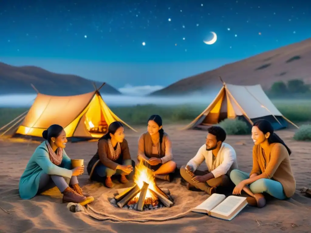 Un grupo diverso de estudiantes nómadas aprendiendo juntos alrededor de una fogata bajo la luna llena, en un aula al aire libre