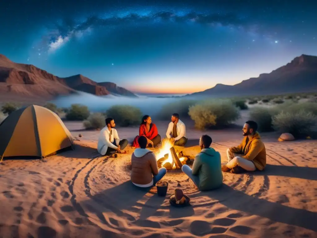 Conversaciones nocturnas: comunidad diversa alrededor de fogata en desierto Grupo diverso comparte historias alrededor de fogata en desierto bajo cielo estrellado
