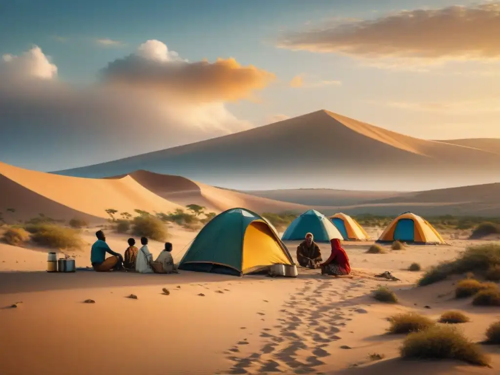 Un grupo diverso de nómadas disfruta de actividades en un campamento en el desierto, con paneles solares