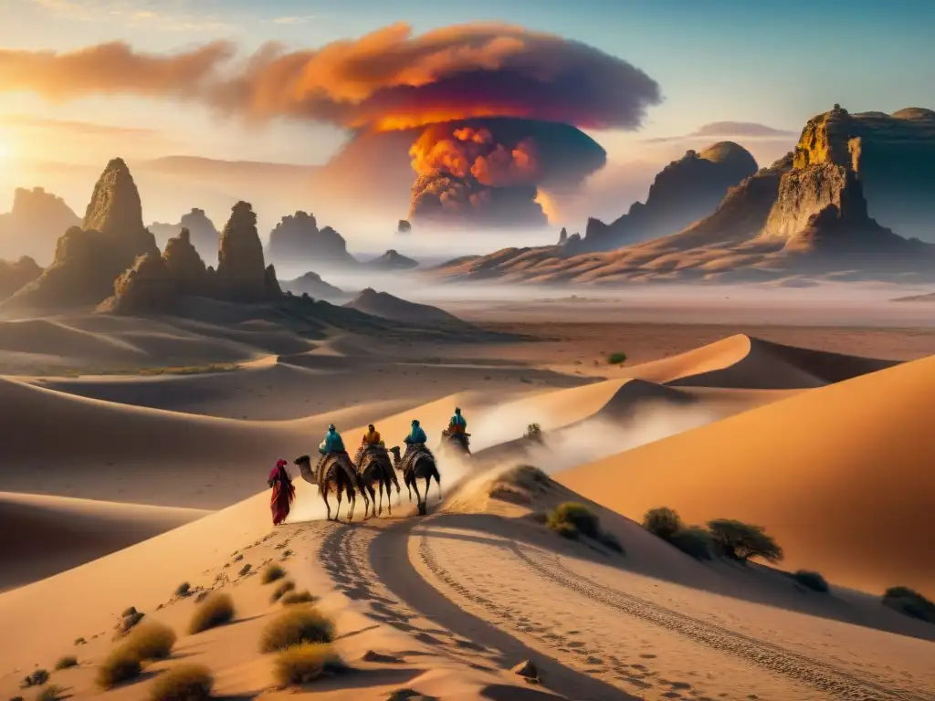 Caravana de nómadas: travesía en desierto ancestral Un grupo diverso de nómadas atraviesa un desierto árido con caminos de camello, evocando lecciones nómadas para sociedad sostenible
