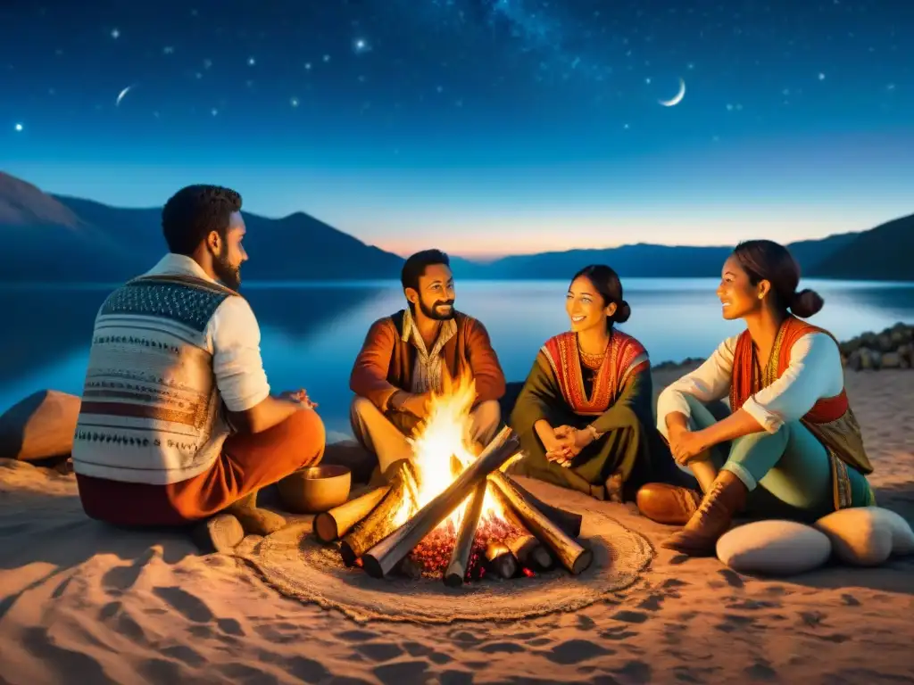 Un grupo diverso de nómadas alrededor de una fogata bajo un cielo estrellado