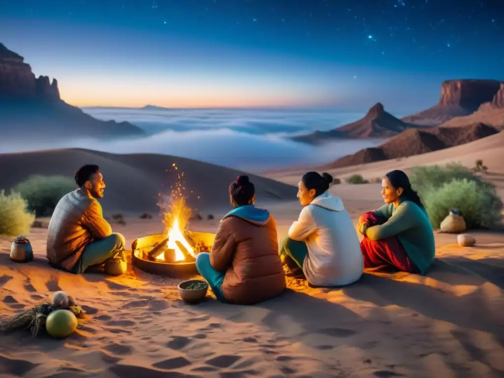 Grupo diverso de nómadas compartiendo frutas y verduras alrededor de fogata en desierto