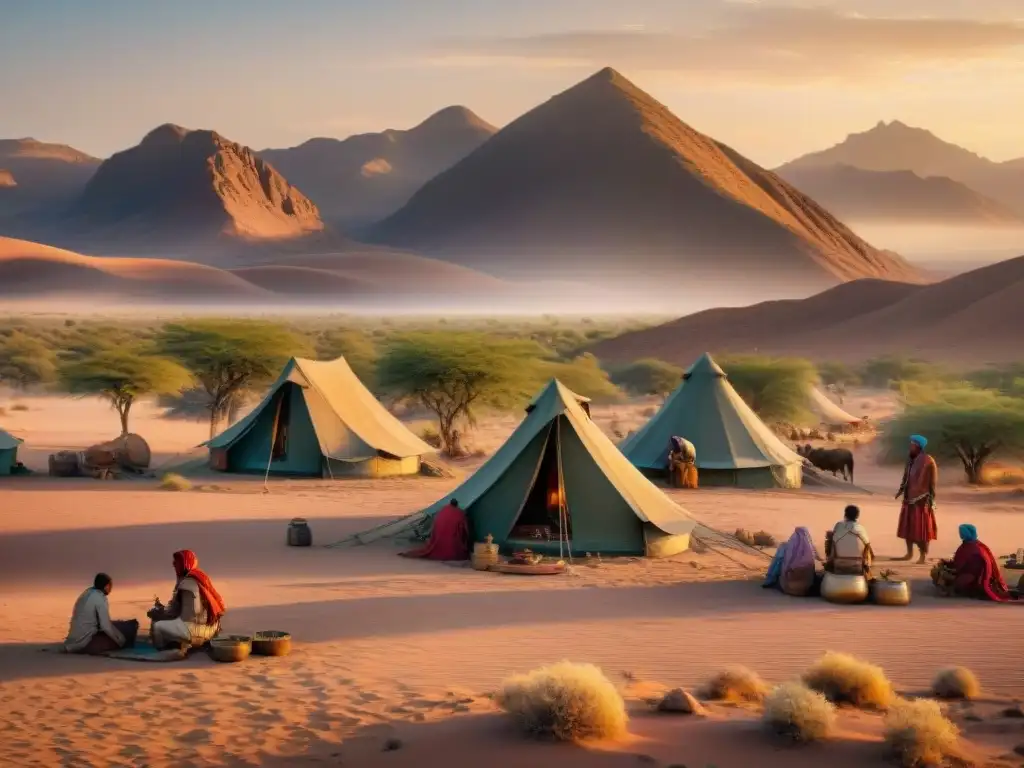 Un grupo diverso de personas modernas practicando actividades tradicionales de tribus en un desierto al atardecer