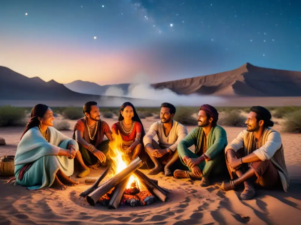 Encuentro de tribus nómadas: sabiduría y comunidad en el desierto Un grupo diverso de nómadas comparte sabiduría alrededor de una fogata en el desierto bajo un cielo estrellado, iluminados por el fuego