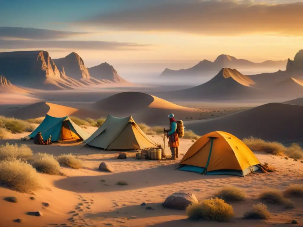 Un grupo diverso de tribus nómadas monta campamento en el desierto al atardecer, mostrando su equipo de exploración