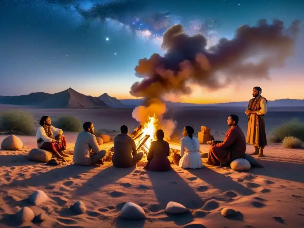 Un grupo diverso de tribus nómadas se reúne alrededor de una fogata en el desierto, representando la intersección de tradiciones jurídicas