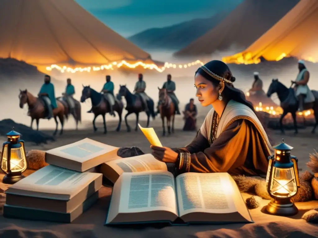 Un grupo de escritores modernos inmersos en antiguos pergaminos de tribus nómadas, rodeados de libros y quinqués