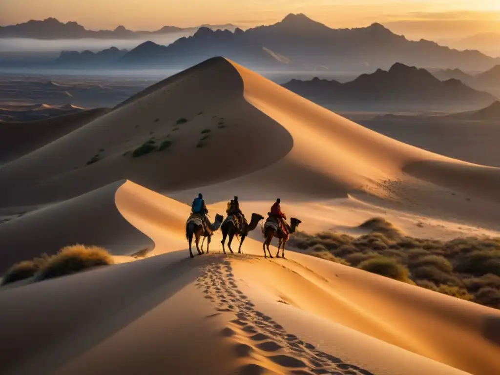 Un grupo de exploradores nómadas cruzando un desierto al atardecer