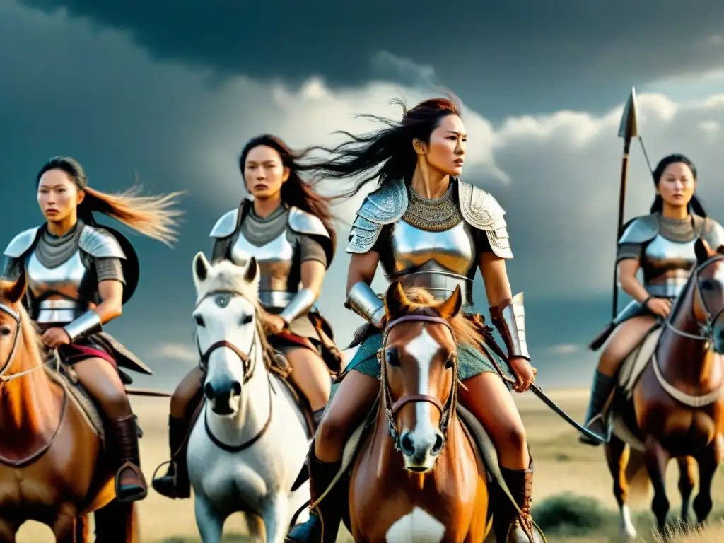 Grupo de guerreras tribus nómadas en las estepas, montadas en caballos, con armas tradicionales y armaduras tribales, bajo un cielo tormentoso