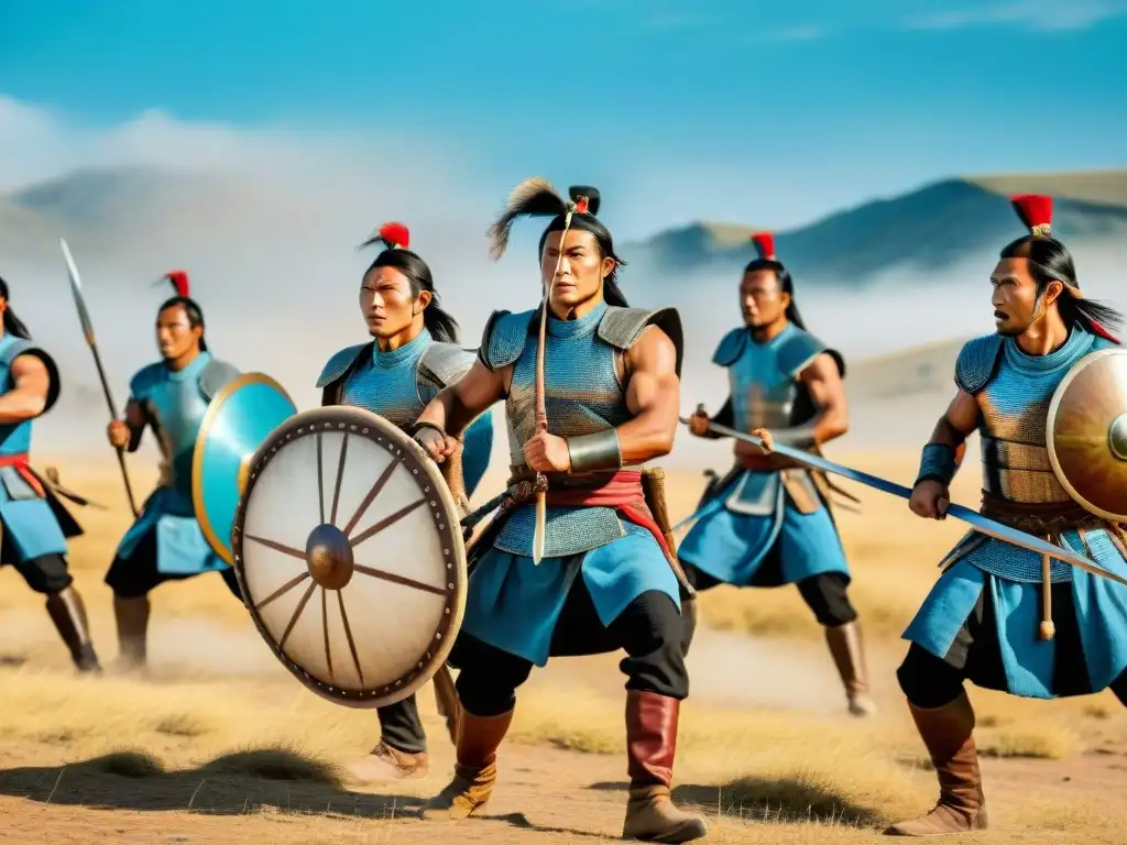 Grupo de guerreros Hunos practicando técnicas de defensa personal en las estepas