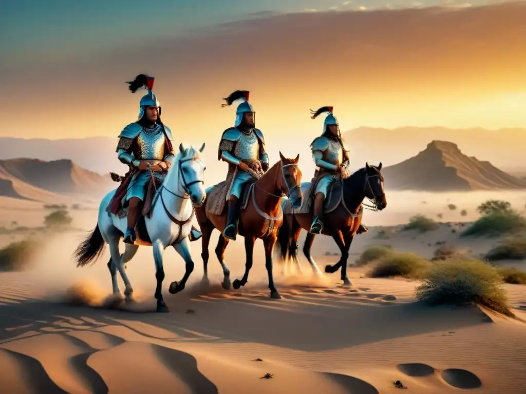 Un grupo de guerreros nómadas cabalgando al atardecer en el desierto, con códigos de honor nómadas venganza