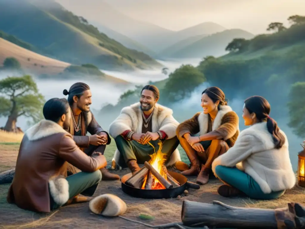 Un grupo de guerreros nómadas comparten una comida saludable alrededor de una fogata, reflejando comunidad y conexión con la naturaleza