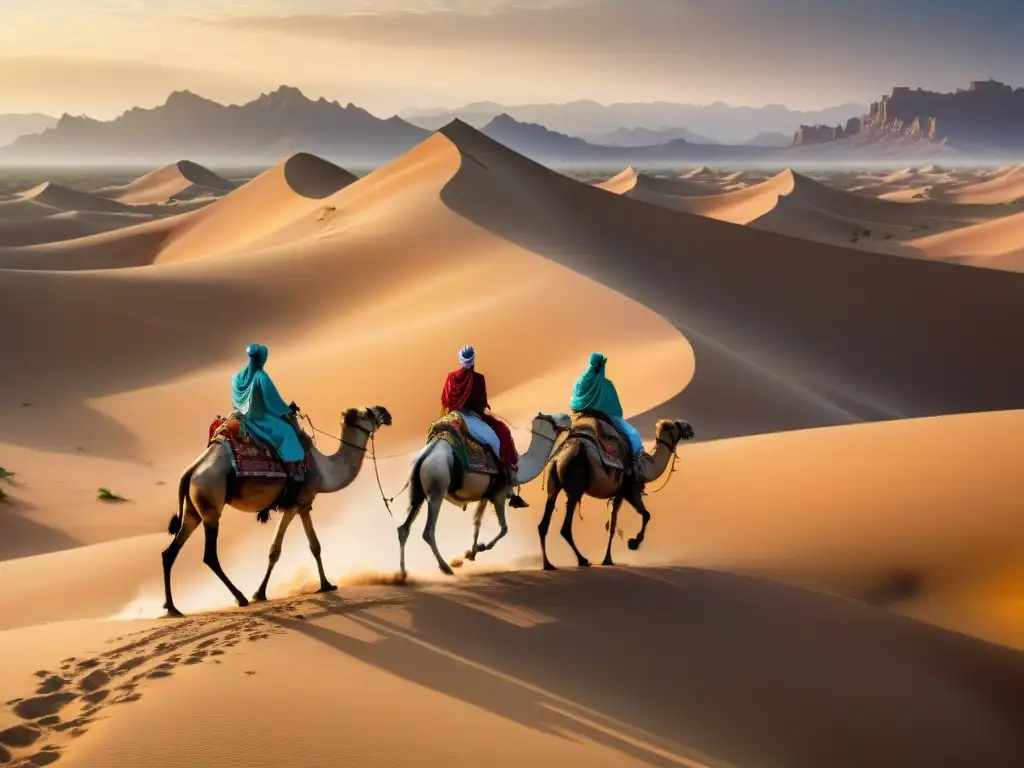 Un grupo de guerreros nómadas del desierto montados en camellos, con tácticas de guerreros nómadas desiertos