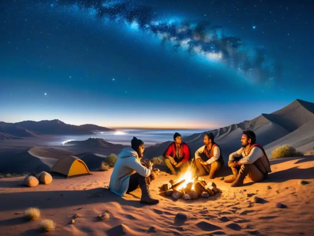 Un grupo de guerreros nómadas planificando estrategias psicológicas de guerra alrededor de una fogata en la noche estrellada