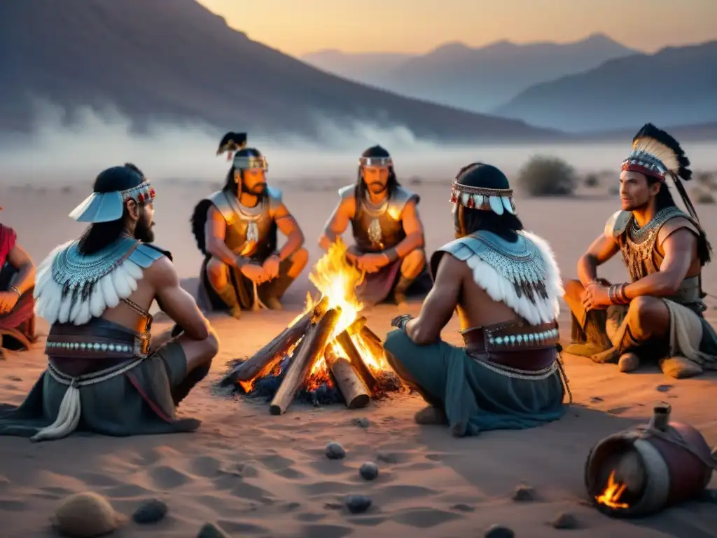 Un grupo de guerreros nómadas se reúne alrededor de una fogata en el desierto al anochecer, realizando ritos de purificación y curación