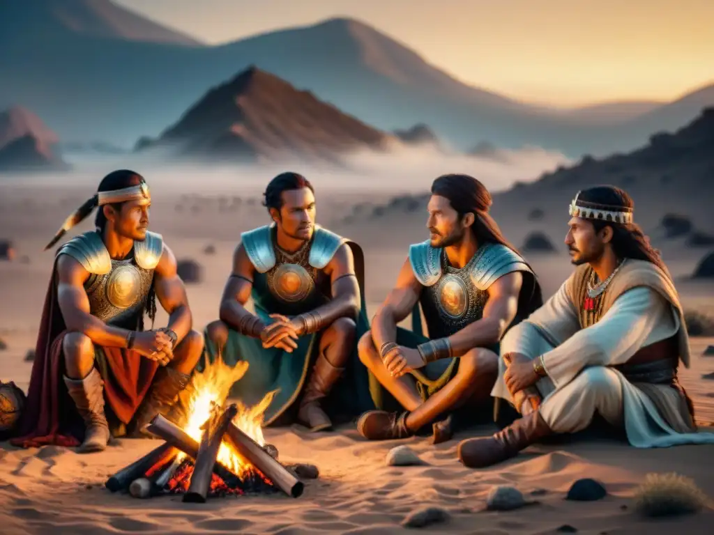 Consejo de Guerreros Nómadas: Líderes en la Noche del Desierto Un grupo de guerreros nómadas se reúne alrededor de una fogata en el desierto, discutiendo estrategias con mapas y pergaminos