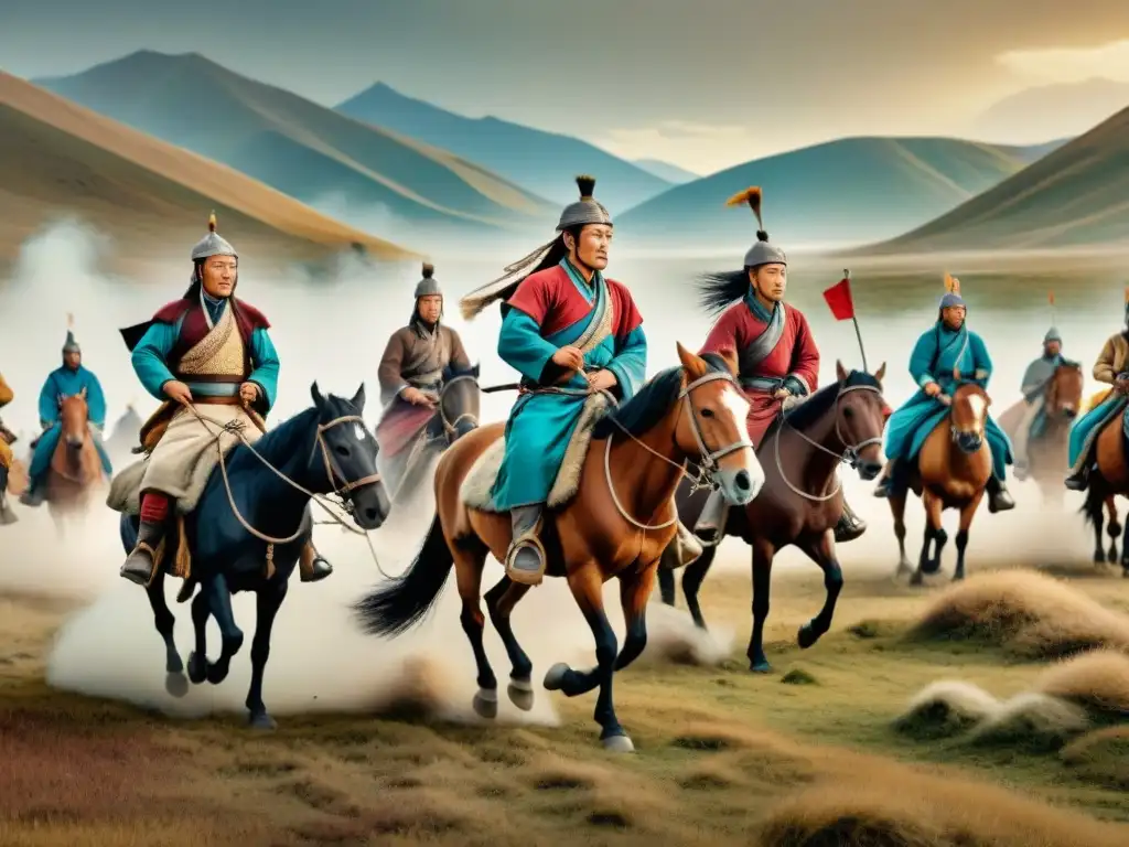 Grupo de guerreros nómadas del Imperio Mongol galopando por las estepas