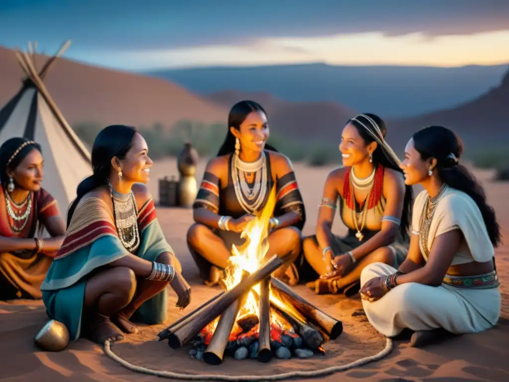 Un grupo de líderes femeninas de tribus nómadas dialogan alrededor de una fogata bajo el cielo estrellado en el desierto