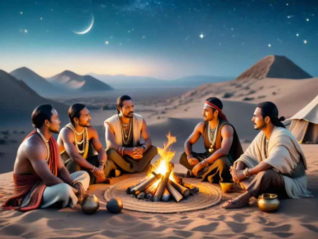 Grupo de líderes tribales nómadas discutiendo estrategias alrededor de fogata en desierto estrellado, demostrando liderazgo en tribus nómadas