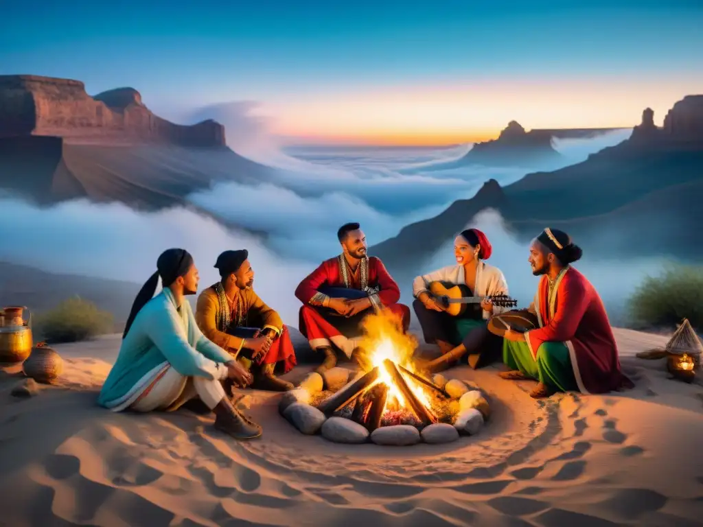 Un grupo de Maestros de música y danza nómadas se reúnen alrededor de una fogata bajo un cielo estrellado en el desierto