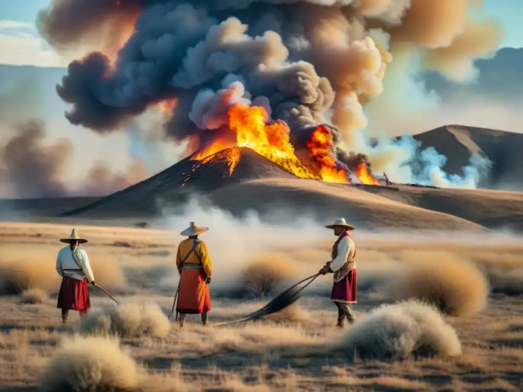 Grupo de indígenas en la estepa realizando un manejo ancestral del fuego en un paisaje dorado y vasto