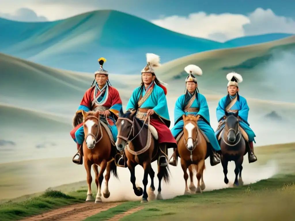 Grupo de mensajeros mongoles en caballo cruzando praderas, con colinas y cielo azul