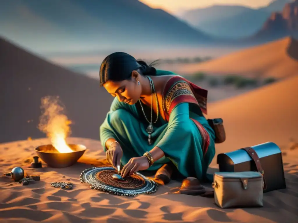 Un grupo de metalurgos nómadas elaborando joyas bajo el cielo del desierto al atardecer, reflejando el sol en sus herramientas y el metal brillante