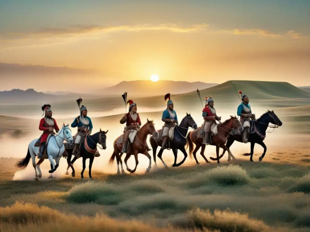 Un grupo de miembros de una tribu nómada practicando deportes tradicionales en la estepa al atardecer