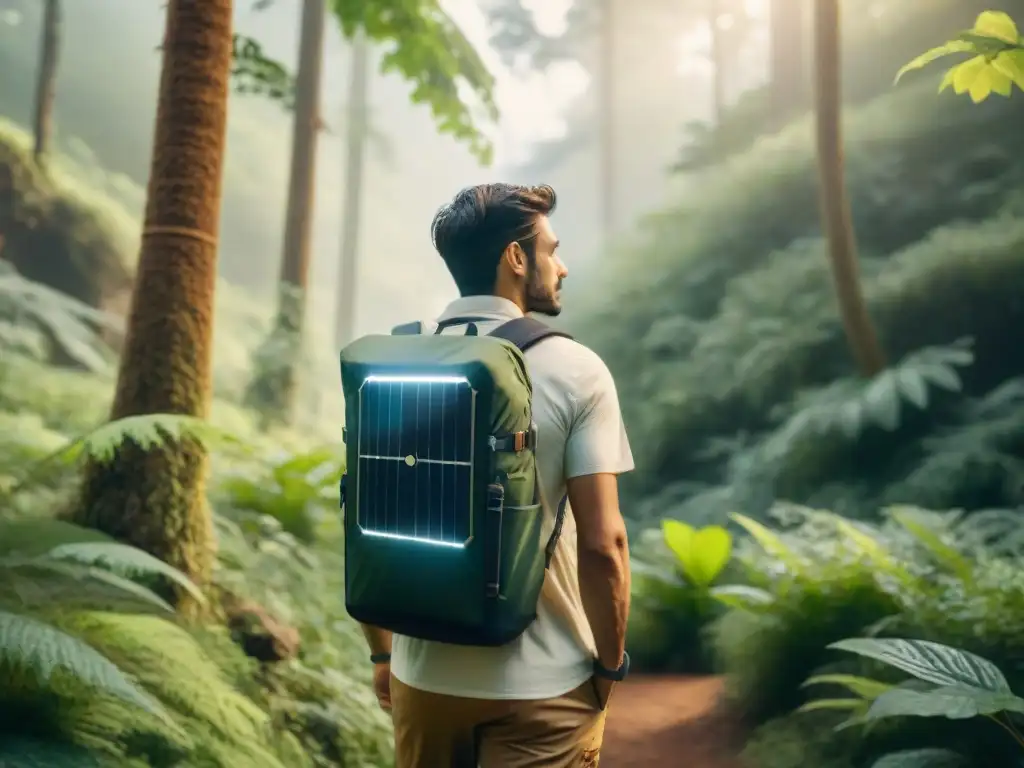 Grupo de modernos nómadas cargando dispositivos con energía solar en un bosque soleado