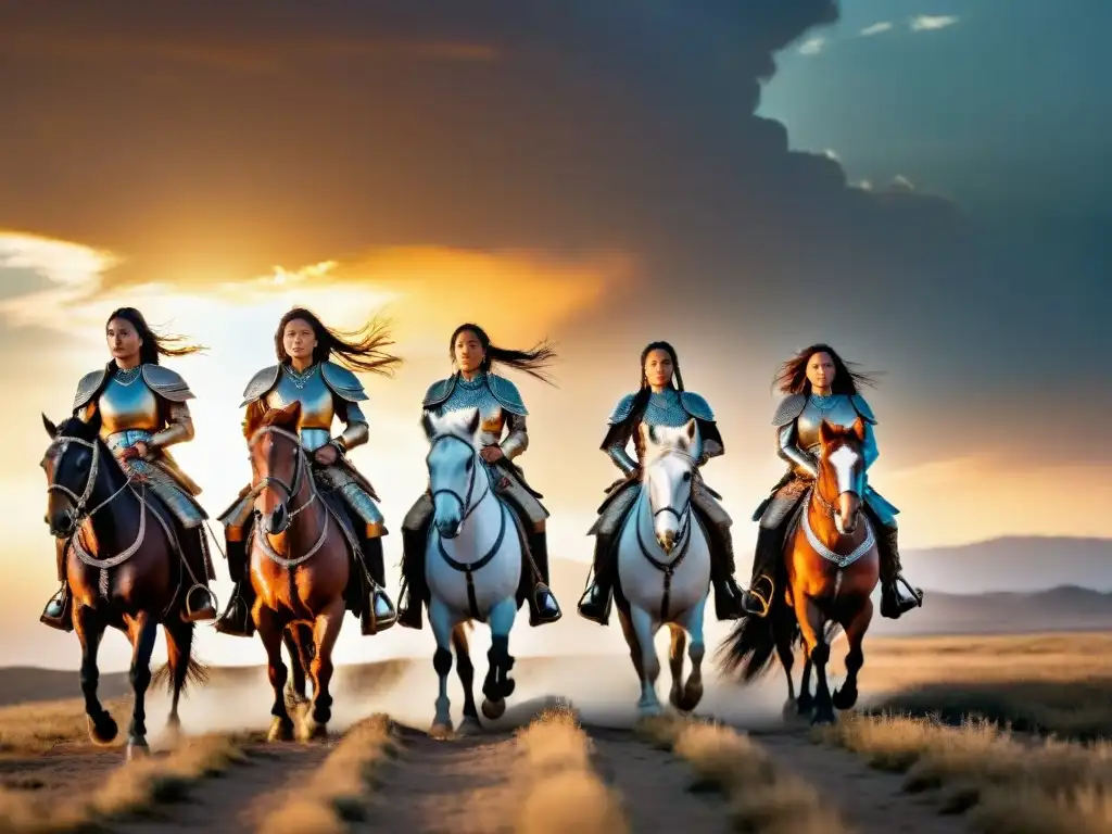 Grupo de mujeres guerreras de tribus nómadas cabalgando en las estepas, con armaduras y armas, bajo el cálido atardecer