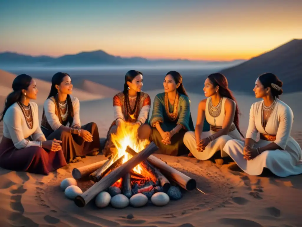 Grupo de mujeres líderes en tribus nómadas reunidas alrededor de fogata en desierto, mostrando sabiduría y fuerza