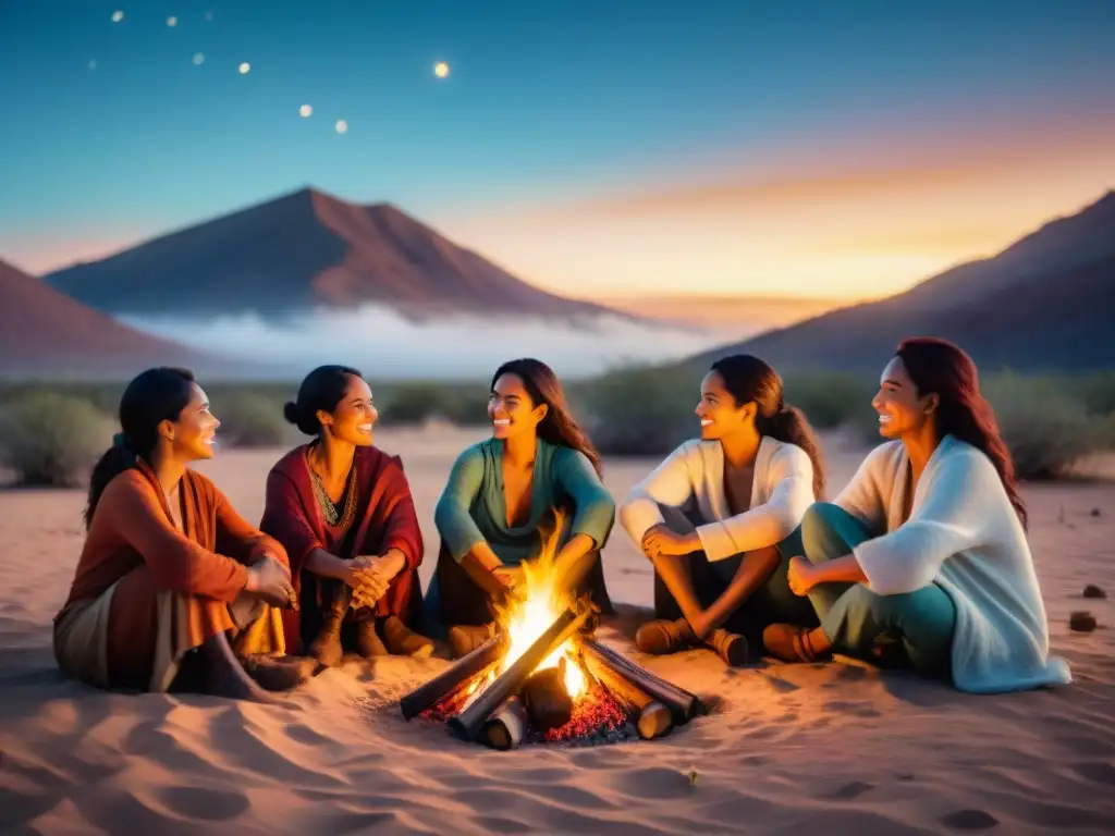 Un grupo de mujeres nómadas liderando una animada conversación alrededor de una fogata en el desierto