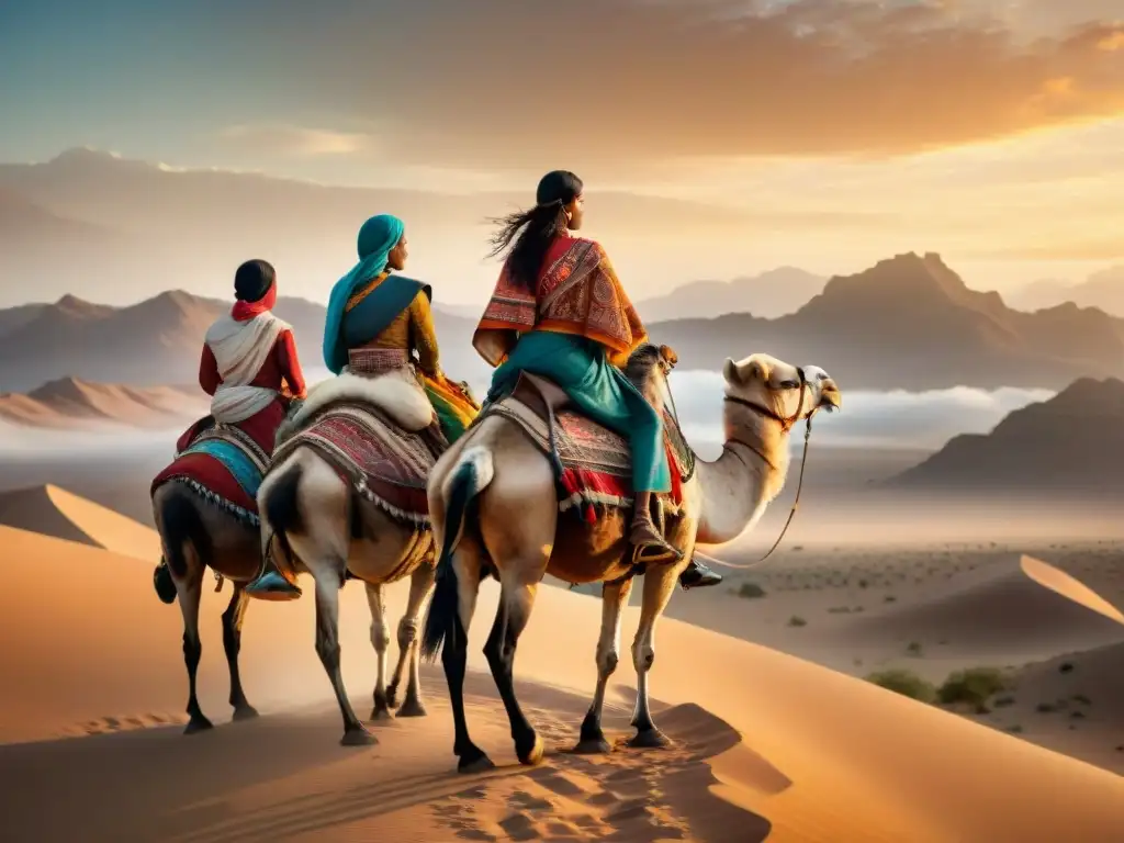 Grupo de mujeres nómadas montando camellos en desierto al atardecer, simbolizando su fortaleza