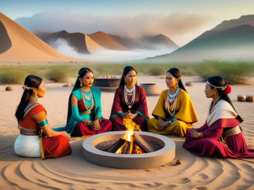 Grupo de mujeres nómadas de Asia en ceremonia de adultez, danzando en desierto con trajes tradicionales y joyas vibrantes