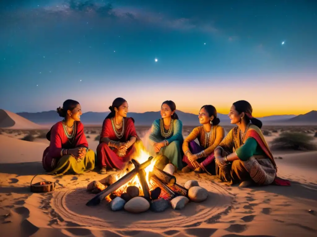 Un grupo de mujeres nómadas intercambiando cultura alrededor de una fogata en el desierto estrellado