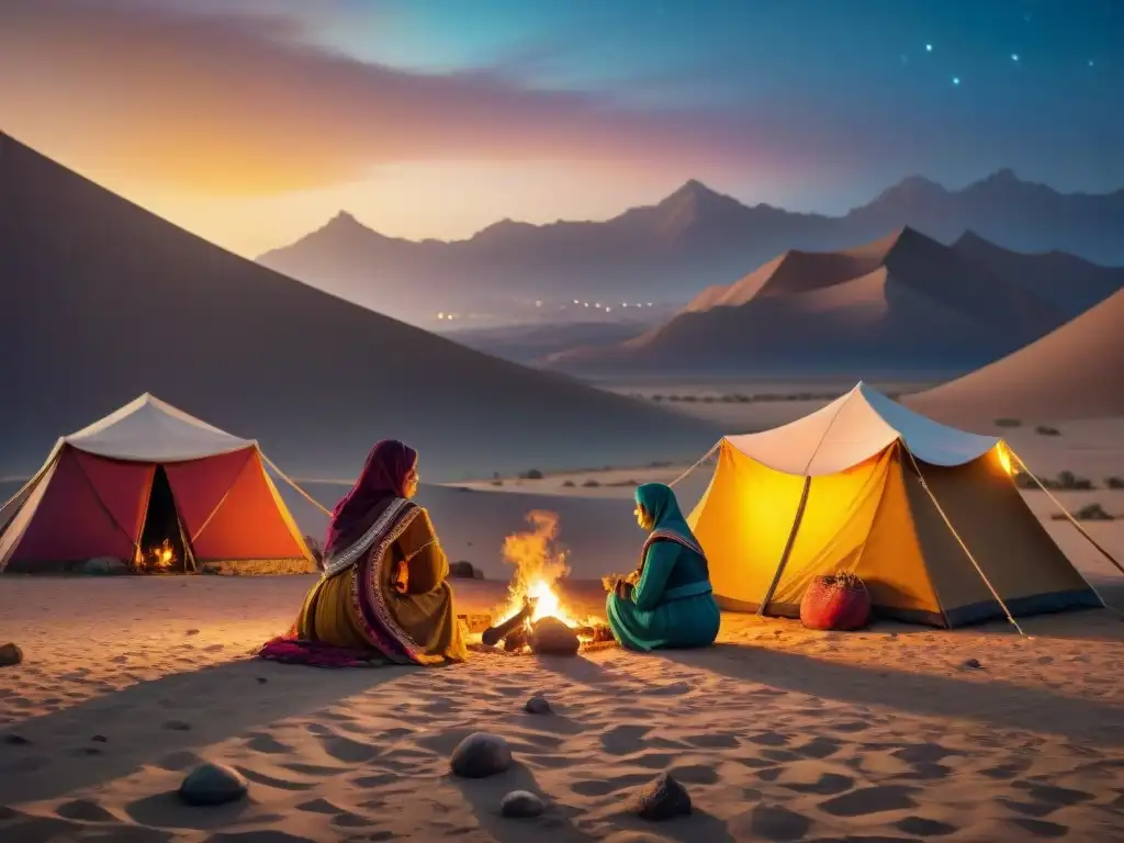 Un grupo de mujeres nómadas reunidas alrededor de una fogata en el desierto, simbolizando la gobernanza nómada