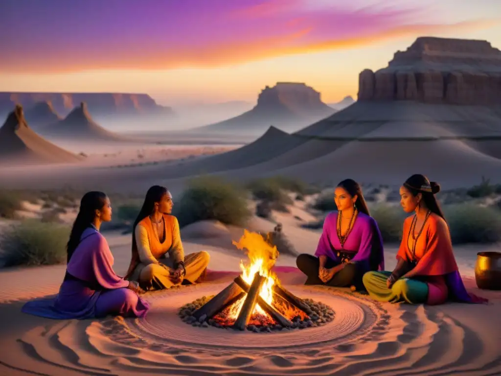 Un grupo de mujeres nómadas en un ritual alrededor del fuego, transmitiendo poder femenino, historia y tradición en un paisaje desértico al atardecer