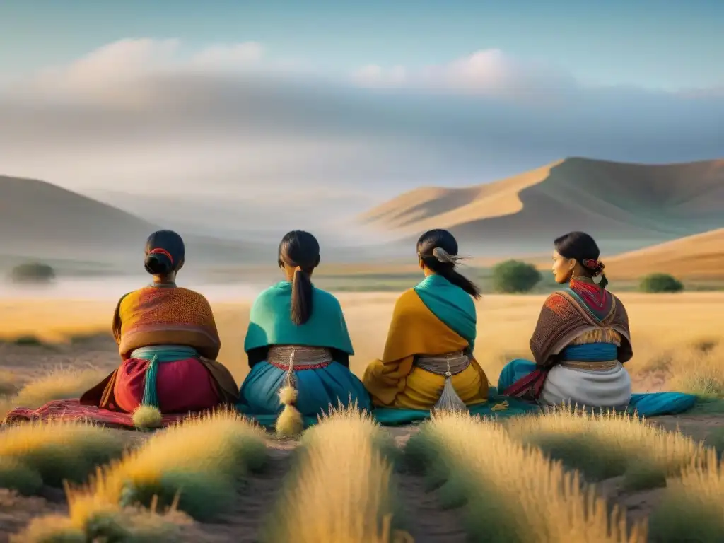 Mujeres nómadas: diversidad cultural en detalle Un grupo de mujeres nómadas realizando tareas tradicionales en un paisaje de estepa