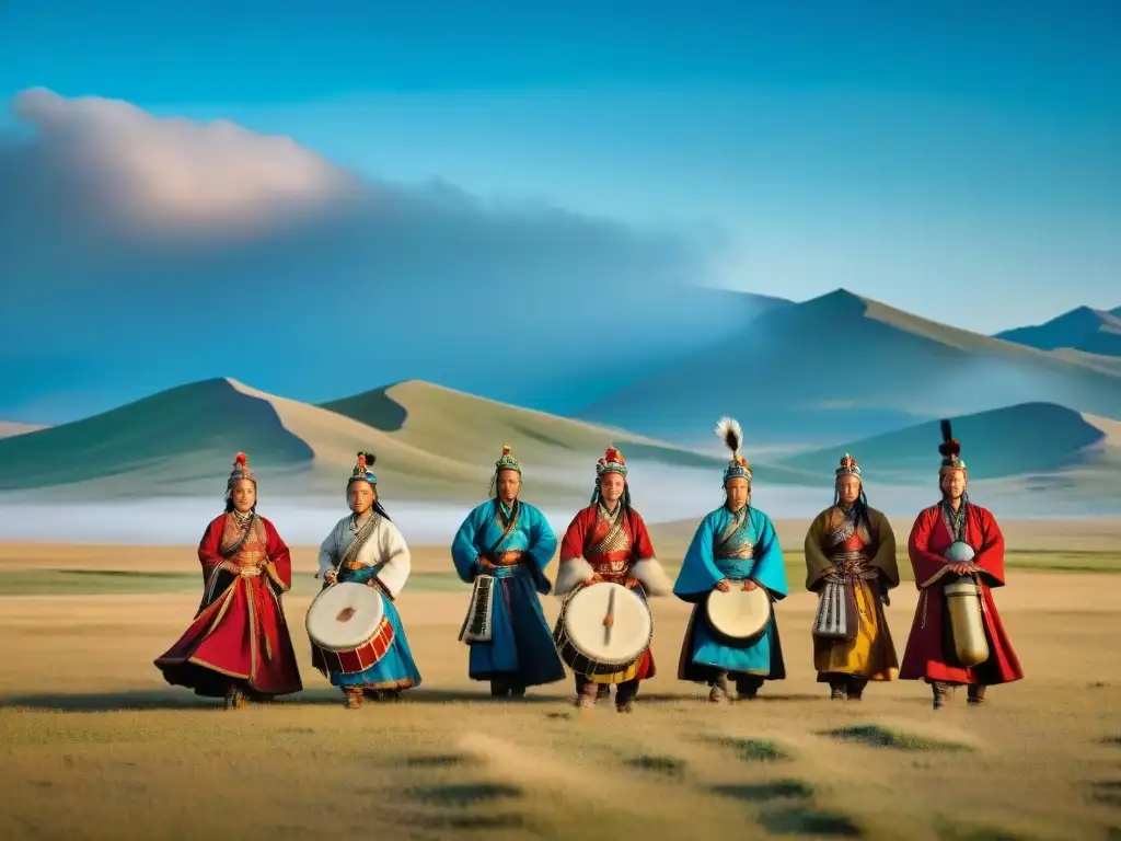 Grupo de músicos y bailarines nómadas tradicionales actuando en la estepa mongola