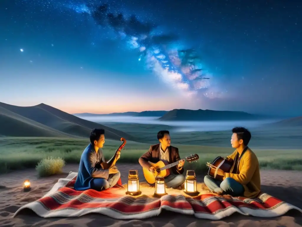 Un grupo de músicos tocando instrumentos tradicionales bajo un cielo estrellado en las estepas