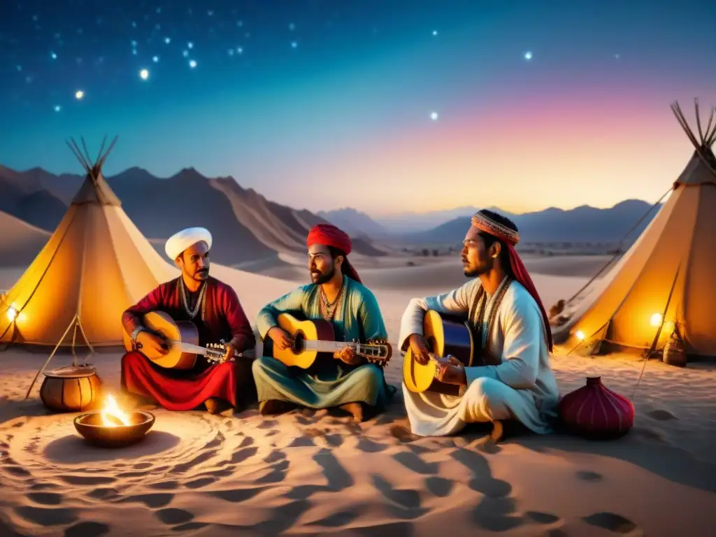 Grupo de músicos nómadas tocando bajo un cielo estrellado en el desierto, capturando la esencia de la Música de tribus nómadas perdida