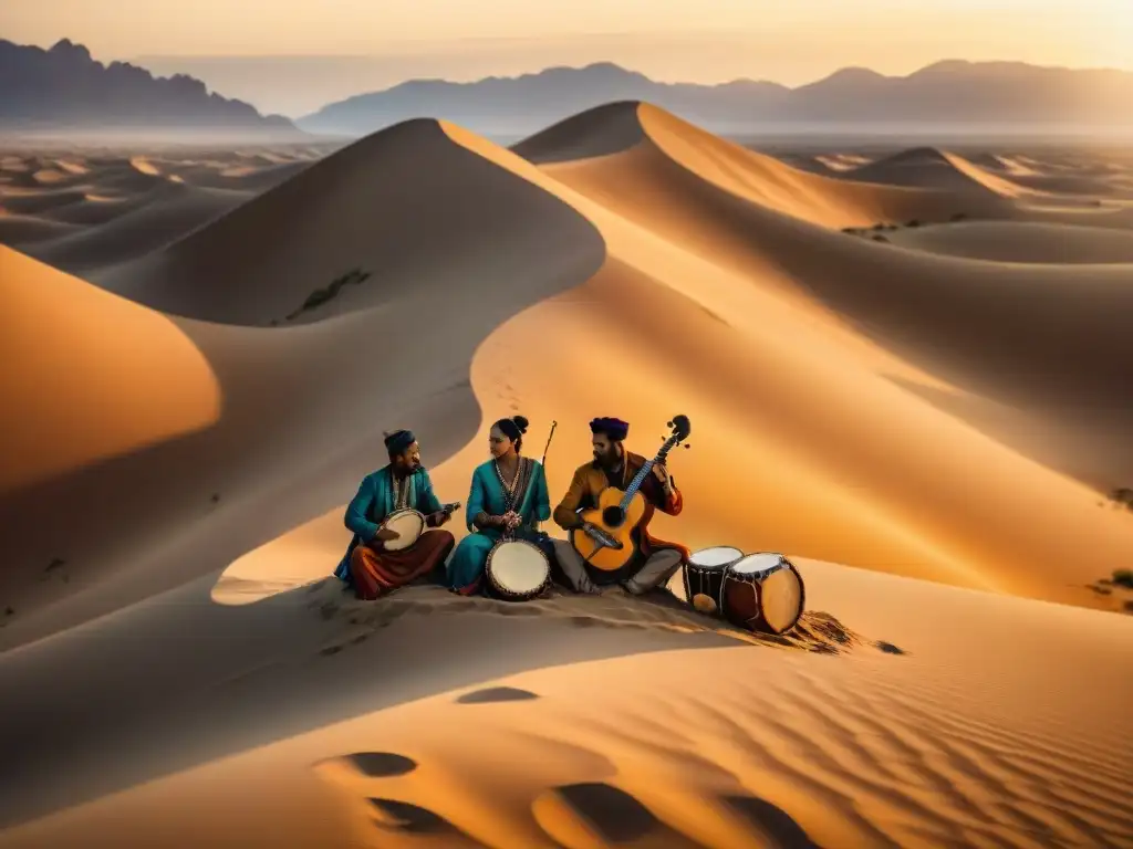 Grupo de músicos nómadas en el desierto, tocando instrumentos tradicionales al atardecer