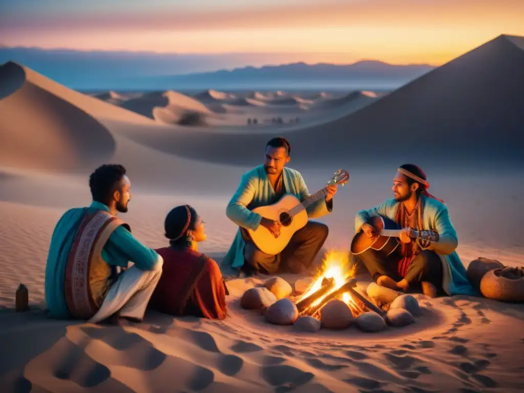 Un grupo de músicos nómadas se reúne alrededor de una fogata en el desierto bajo un cielo estrellado, tocando instrumentos tradicionales con pasión