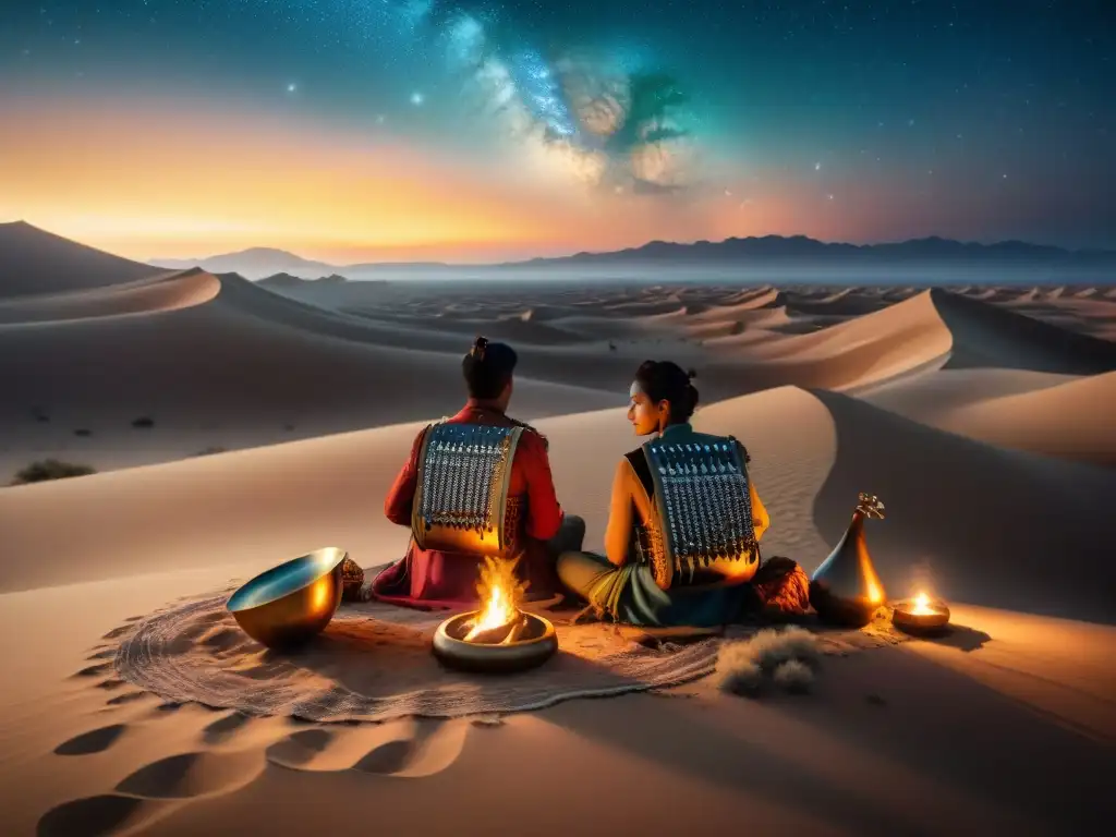 Un grupo de músicos nómadas tocando instrumentos tradicionales bajo un cielo estrellado en el desierto