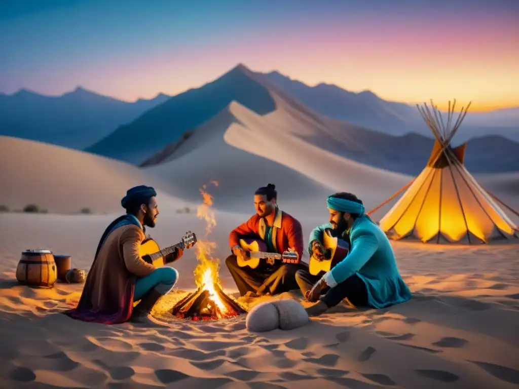 Grupo de músicos nómadas tocando instrumentos tradicionales alrededor de una fogata bajo un cielo estrellado, con tiendas de colores y dunas en el horizonte