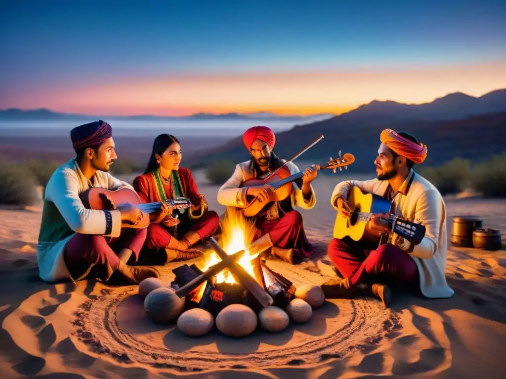 Un grupo de músicos nómadas tocando instrumentos tradicionales alrededor de una fogata en el desierto